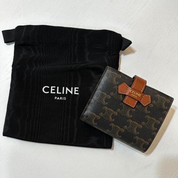 Celine Small Strap Wallet In Triomphe Canvas Tan Lambskin - Picture 1 of 8